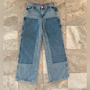 Edikted Blue Two-Tone High Waisted Wide Straight Leg Jeans Size XS
